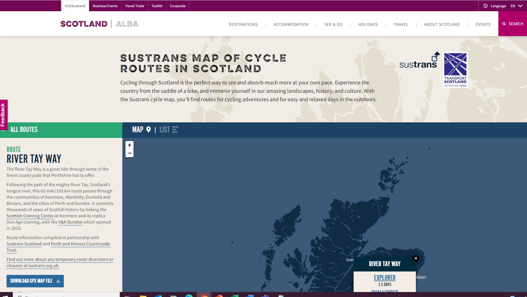 Screen grab of a cycle route map detailing the River Tay Way