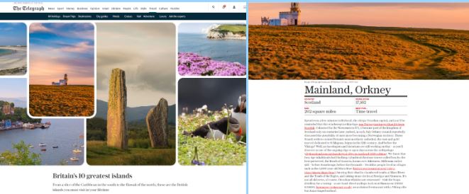 Screenshot of The Telegraph - Britain's Best Islands article featuring Mainland Orkney