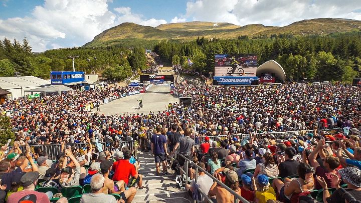 Crowds at the finish line of a mountain bike event