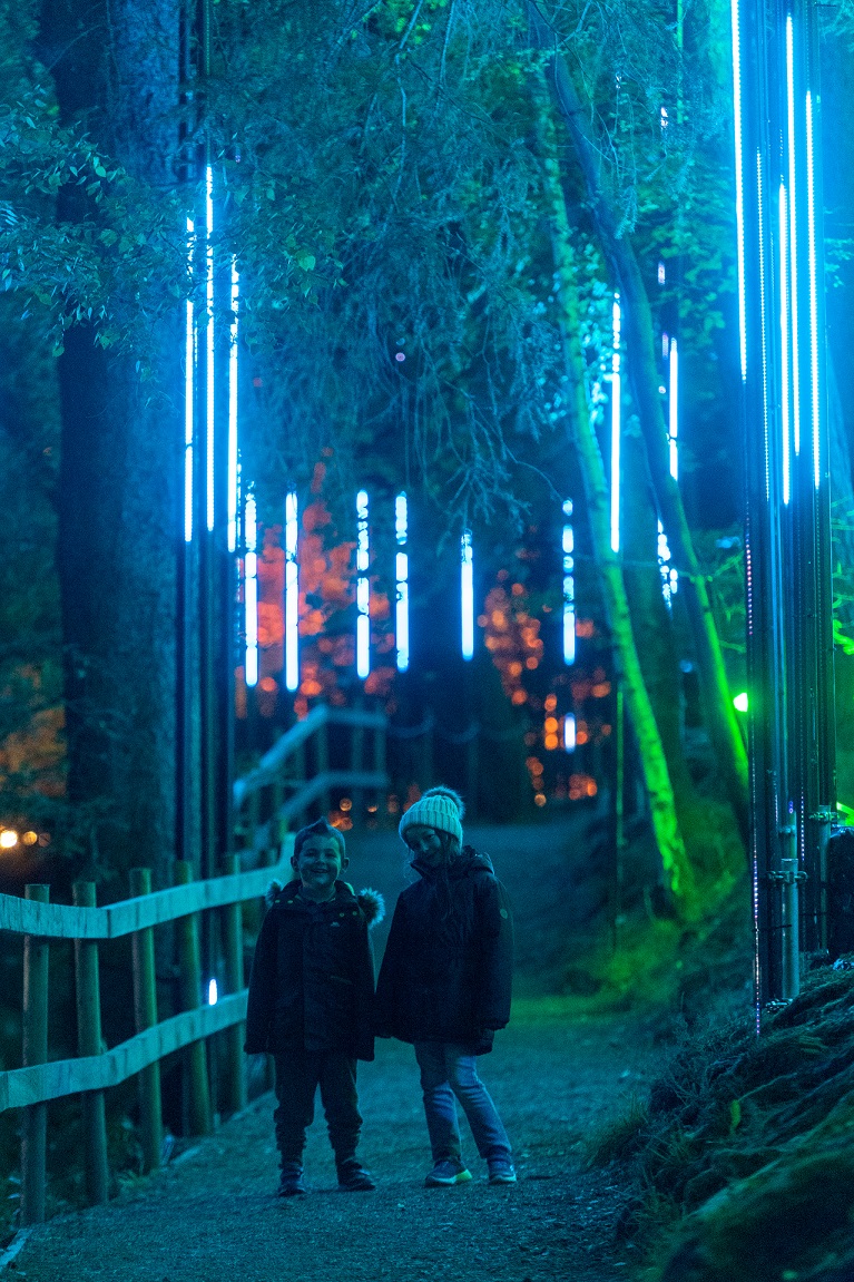 two children standing outside at night surrounding by a lit up forest