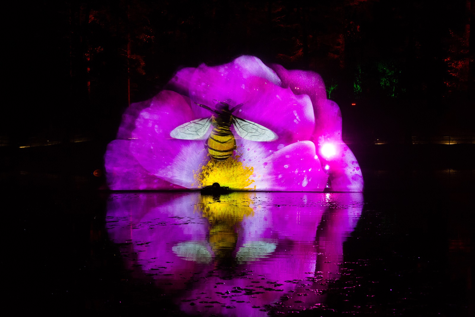A light installation of a large pink flower with a bee in the middle