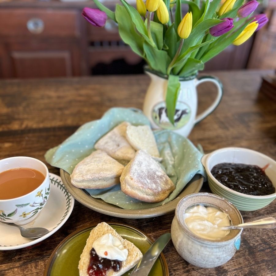 A table decked with tea, scones, cream, jam, and tulips in a vase