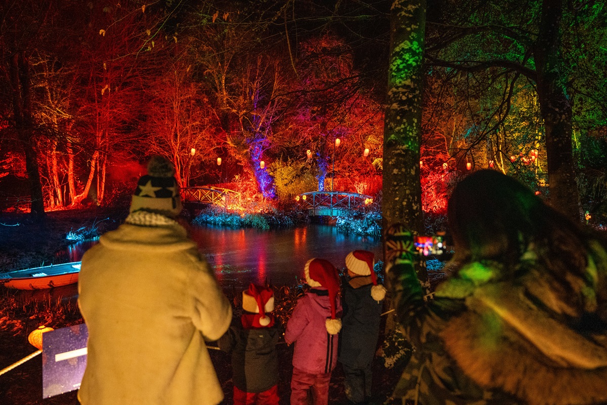 A family enjoying the illuminations around a boating pond in a forested area.