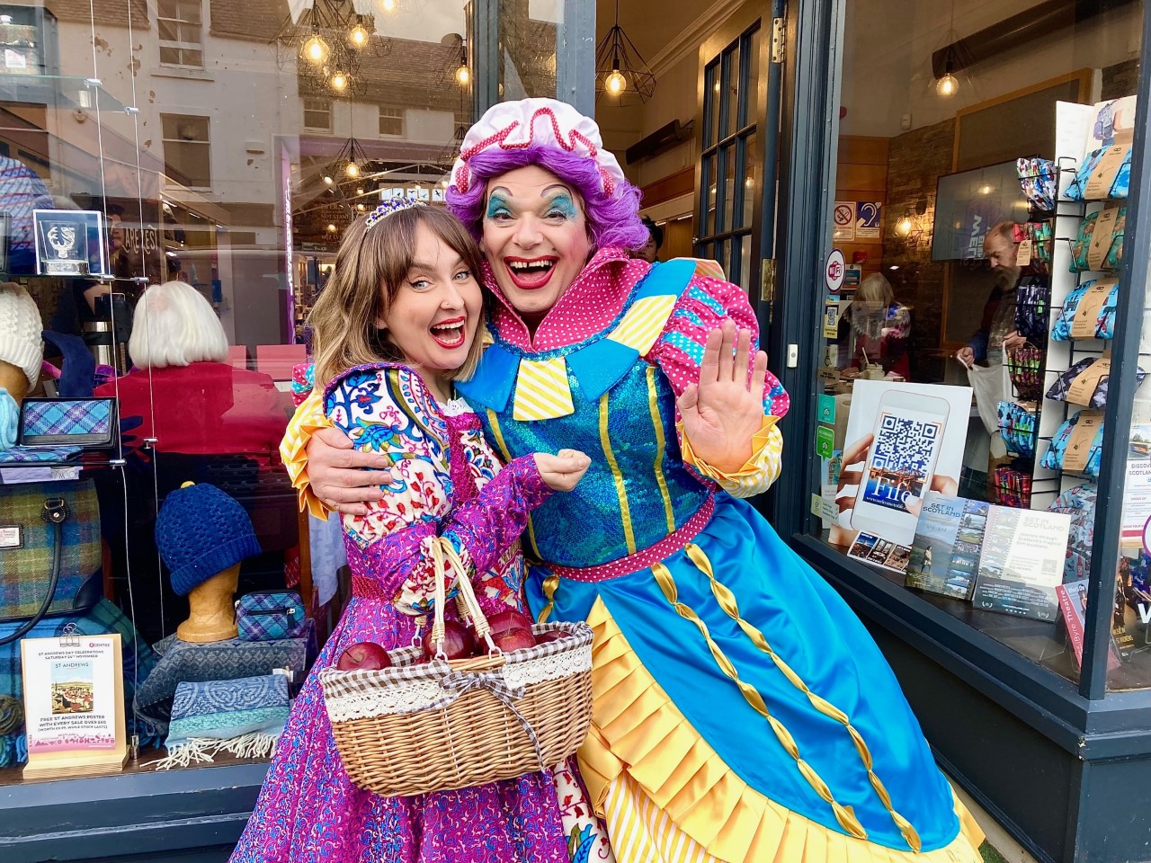 Local panto stars Snow White and Nanny Ticklepenny gate-crashed the St Andrew's Day Tasting Event at St Andrews iCentre