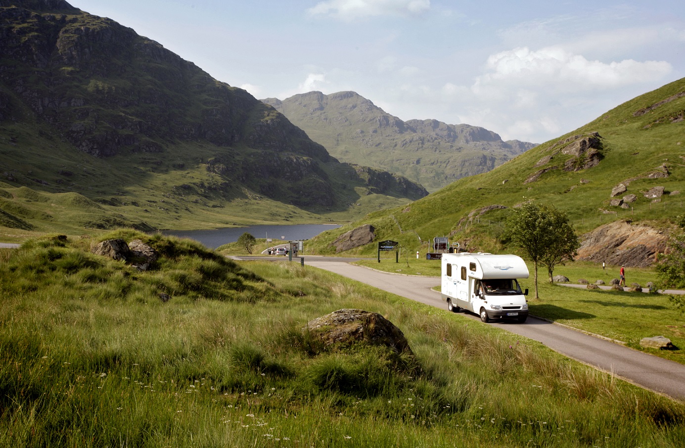 A motorhome driving through Loch Restil, Argyll and Bute.