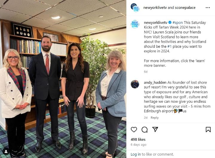 NBC New York Live interview feat Lynsey Fusco, Head of Marketing and Communications at the Royal Edinburgh Military Tattoo, Viscount Stormont of Scone Palace, New York Live host Lauren Scala and VisitScotland Market Development Manager, Gwen Raez. (Credit: NBC New York Live)