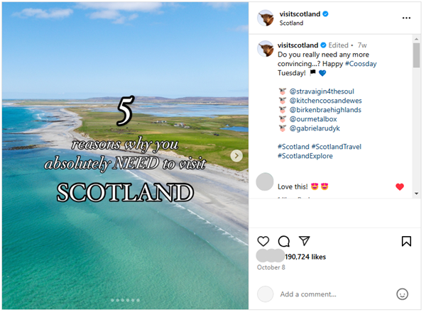 screengrab of the VisitScotland Instagram account 2024