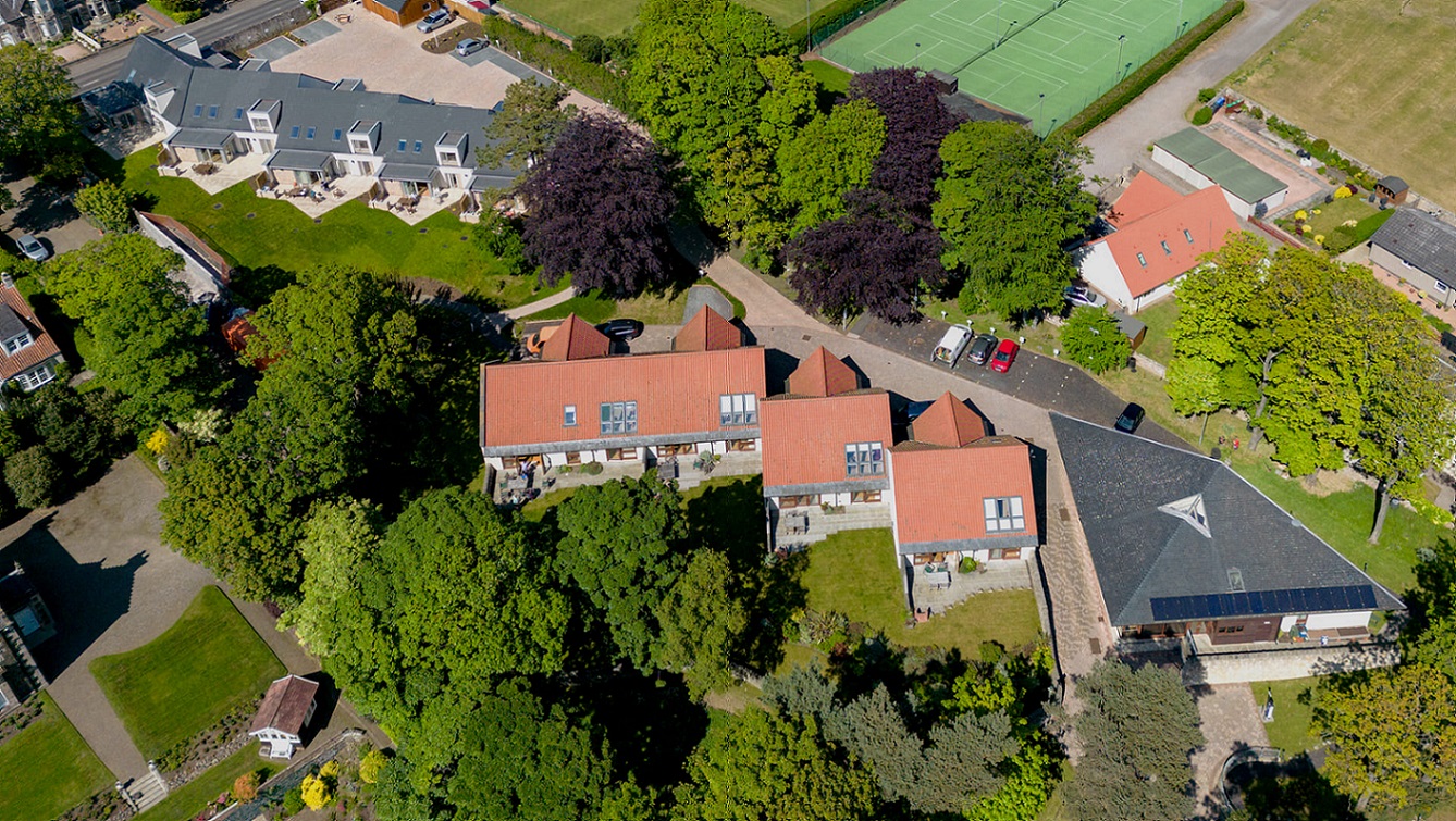 An aerial view of the Homelands Trust lodges and centre in Fife.