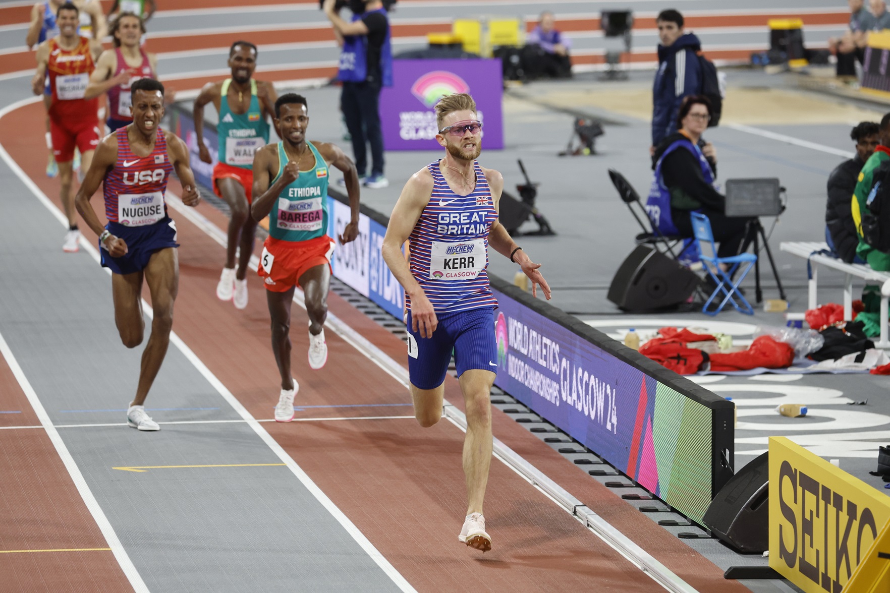 Action shot of race at World Athletics Indoor Championships